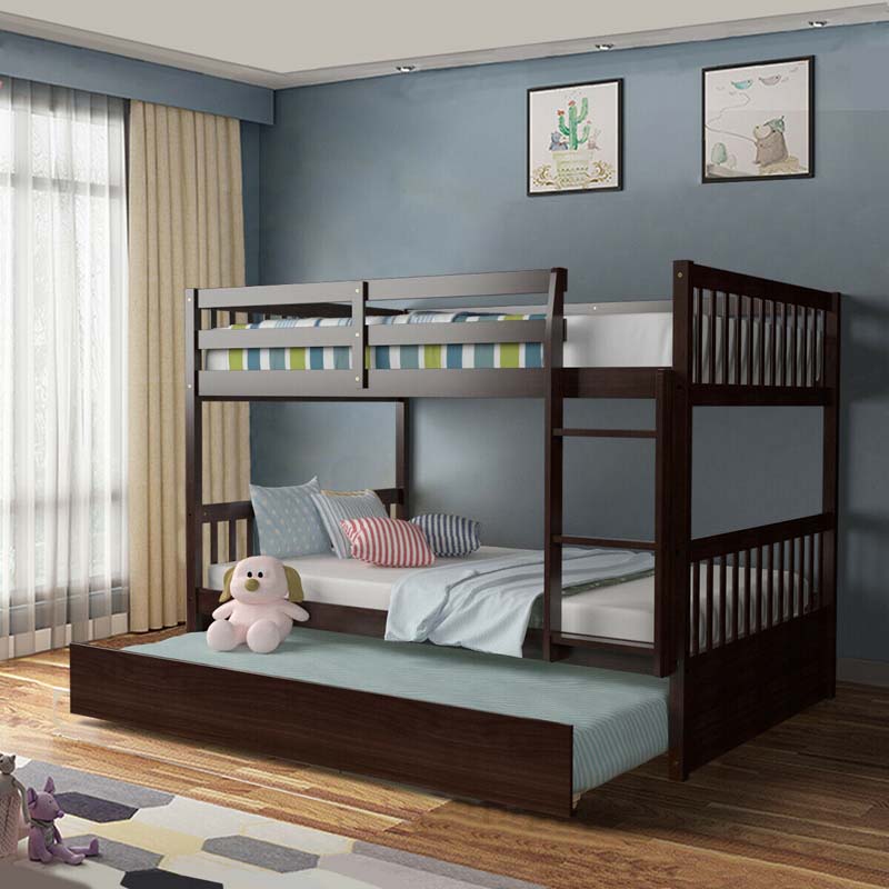 Solid Wood Full Over Full Bunk Bed Frame With Trundle Safety Ladder Amp Guardrails Convertible Bunk Bed For Kids Teens