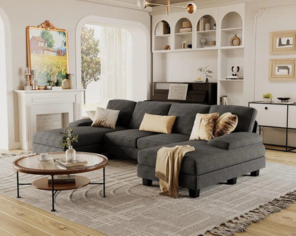 Furmax Sectional Couches for Living Room, U-Shaped Sofa Couch with Linen Fabric, 4 Seat Sofa Set with Double Chaise for Apartment (Fabric, Grey)
