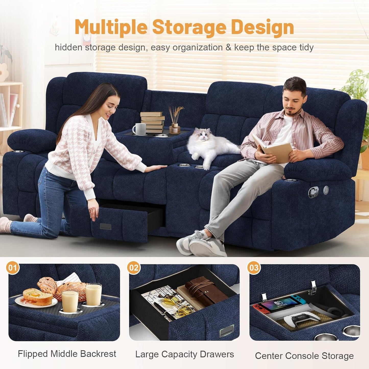 3 Seat Reclining Sofa with Storage Drawer USB Ports & Cup Holders Manual Couch