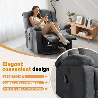 Rocker Recliner, Glider Recliner Chairs for Adults, 360° Swivel Rocking Chair with Massage and Heating, Nursery Chair with Storage and USB Charging for Living Room, Bedroom, Nursery
