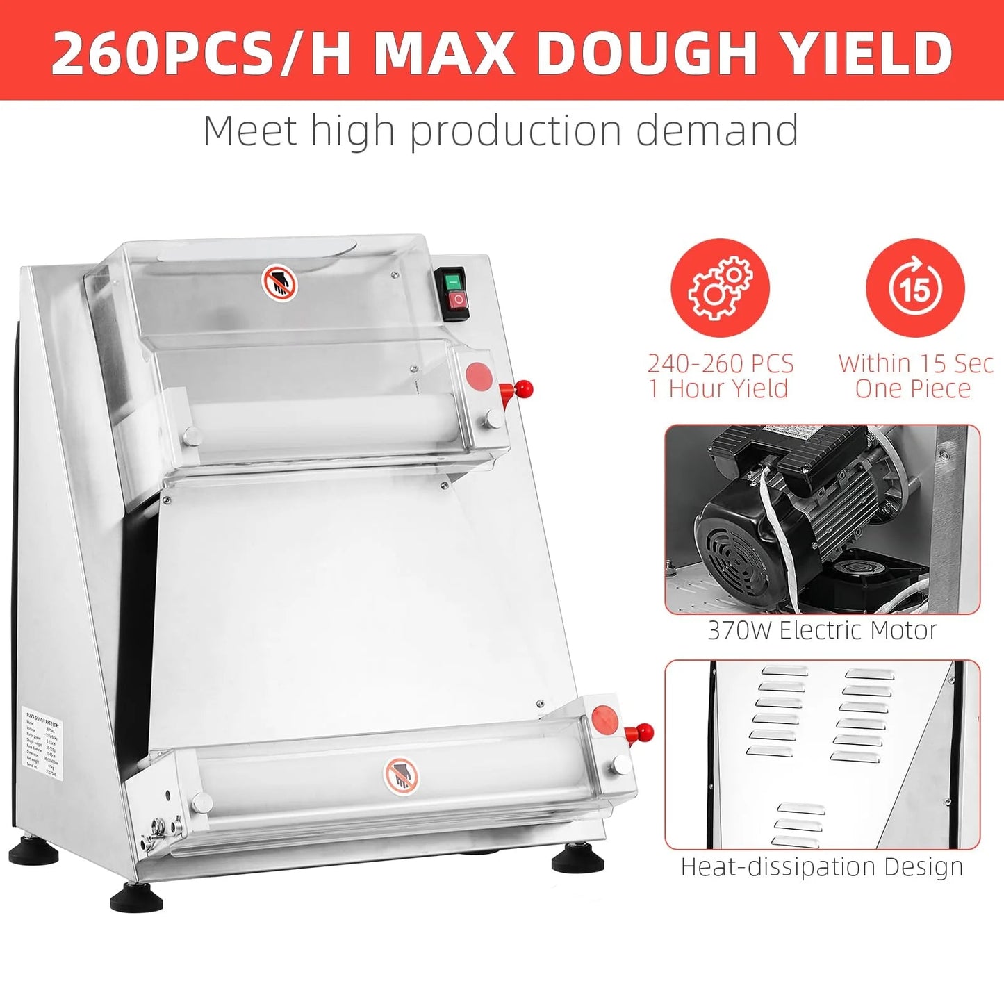 Garvee Commercial Pizza Dough Roller Sheeter, Max 16", Automatic 370W Electric Pizza Dough Roller, Stainless Steel, Suitable for Noodle, Pizza Bread and Pasta Maker Equipment