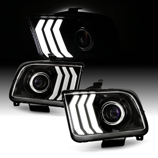 AKKON - Fits 2005-2009 Ford Mustang LED Tube DRL Parking Halogen Type Projector Black Headlights Pair Driver+Passenger