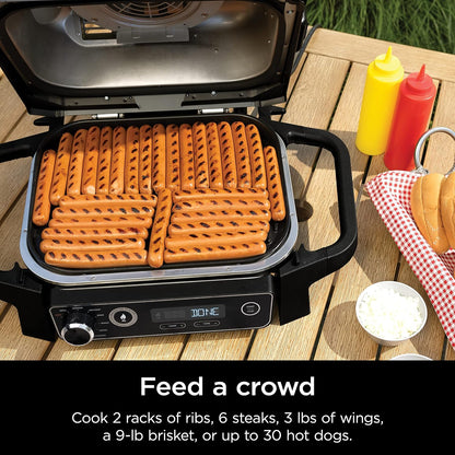 7-in-1 Grill & Smoker with Thermometer, Air Fryer, BBQ, Bake, Roast, Broil - Portable Electric Outdoor Grill, Grey