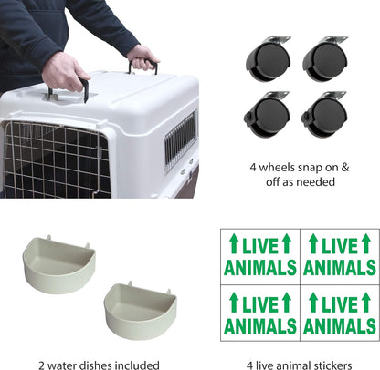 Designs Plastic Kennels Rolling Plastic Airline Approved Wire Door Travel Dog Crate, XXX-Large, Gray