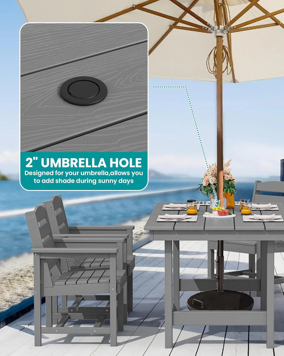 SERWALL 7-Piece Patio Table Set, Outdoor HDPE Dining Furniture with Umbrella Hole, All Weather Table and Chairs for Lawn, Garden, Poolside, Aruba