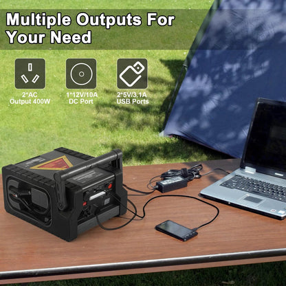 Solar Portable Power Station 2000 Amps Jump Starter, 260 PSI Air Compressor, 12V Car Battery Charger with 400W Inverter Dual AC/DC/USB Output, Emergency Backup Power with Flashlights