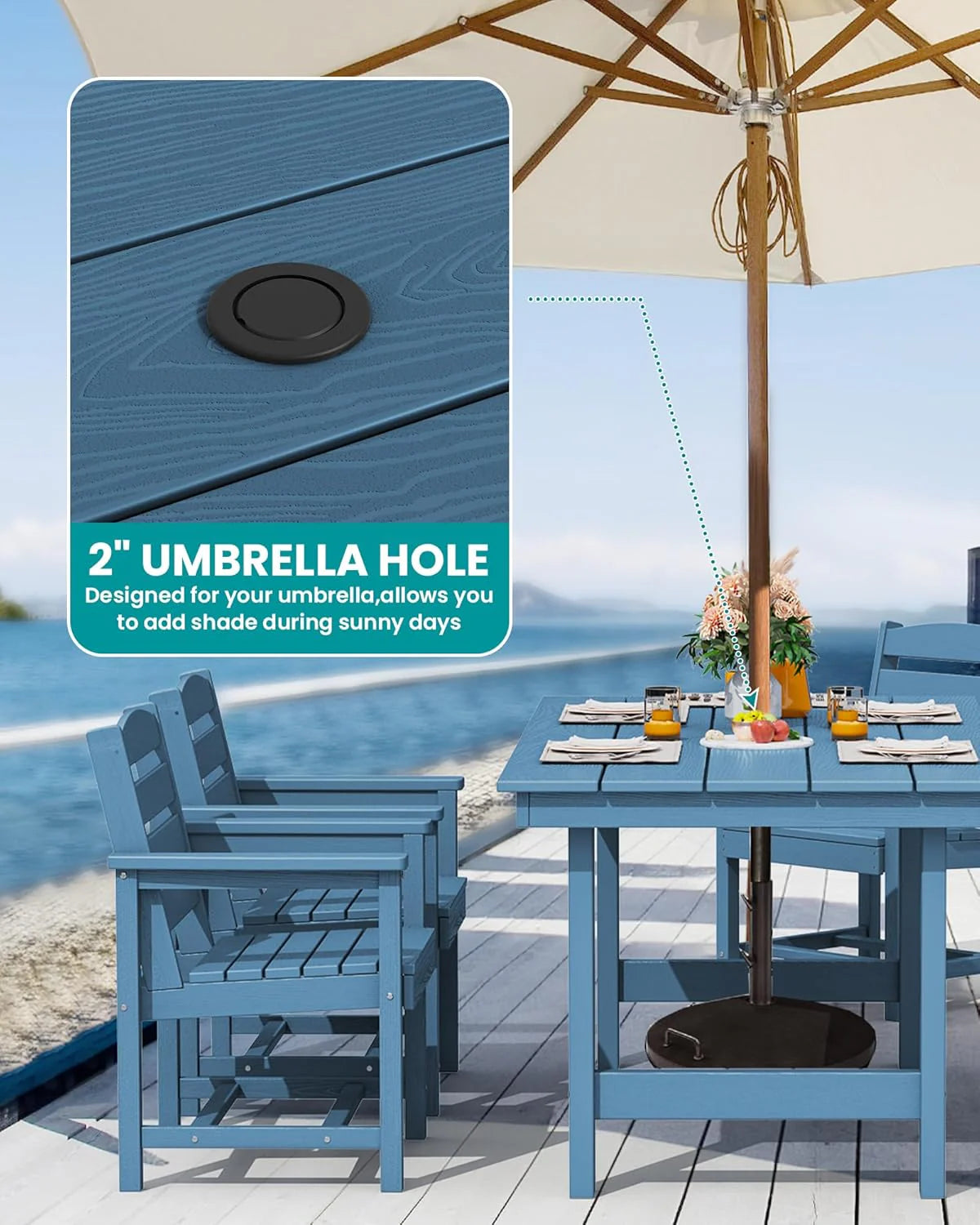 SERWALL 7-Piece Patio Table Set, Outdoor HDPE Dining Furniture with Umbrella Hole, All Weather Table and Chairs for Lawn, Garden, Poolside, Aruba