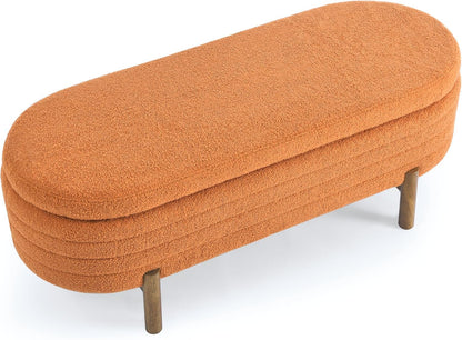 Furniliving Modern Storage Ottoman Bench, Sherpa Ottoman End of Bed Bench with Solid Wood Legs Upholstered Ottoman Benches with Storage Indoor Bench for Living Room with Rolled Arm, Entryway, White