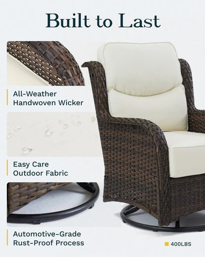 Outdoor Swivel Rocker Patio Chairs with 6-Inch Thick Cushions and Side Table, 3PCS High Back Wicker Patio Furniture Set for Porch, Balcony, Deck and Yard in Blue