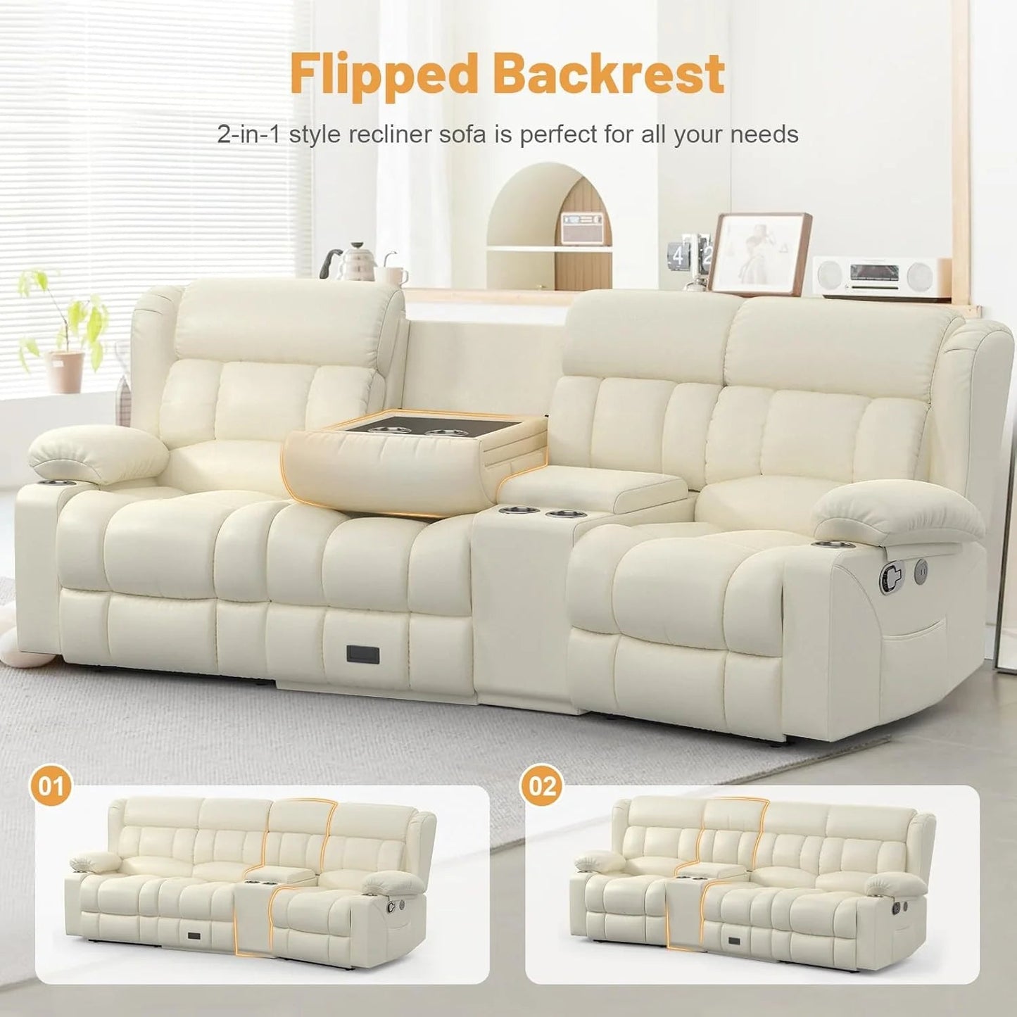 3 Seat Reclining Sofa with Storage Drawer USB Ports & Cup Holders Manual Couch