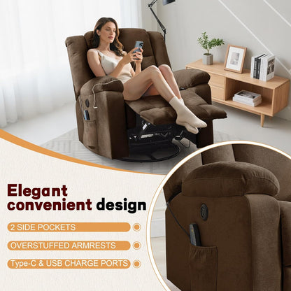 Rocker Recliner, Glider Recliner Chairs for Adults, 360° Swivel Rocking Chair with Massage and Heating, Nursery Chair with Storage and USB Charging for Living Room, Bedroom, Nursery
