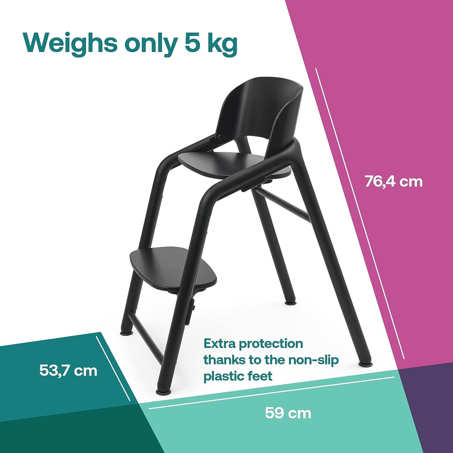 Wooden Baby High Chair, Adjustable in 1 Second, Easy to Clean, Safe and Ergonomic Highchair, Suitable from Birth in Combination with Newborn Set (Sold Separately), Black