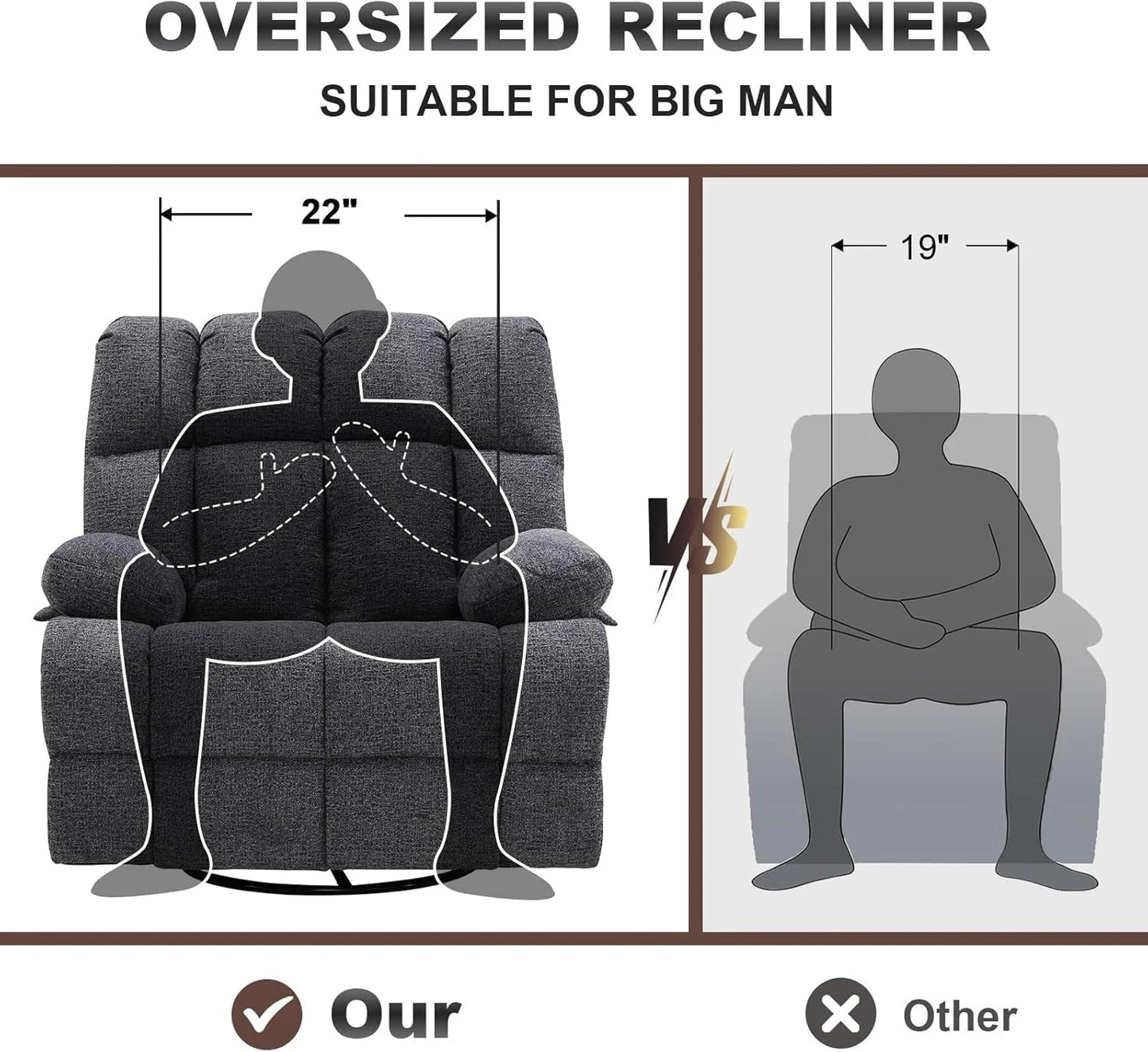 Oversized Swivel Recliner Chair for Big Man Grey