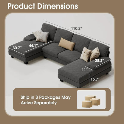 Furmax Sectional Couches for Living Room, U-Shaped Sofa Couch with Linen Fabric, 4 Seat Sofa Set with Double Chaise for Apartment (Fabric, Grey)