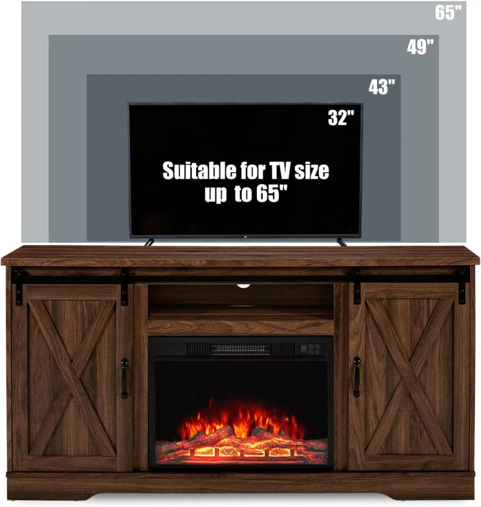 AMERLIFE Fireplace TV Stand with Sliding Barn Door for TVs up to 73", Farmhouse 63" Fireplace Entertainment Center with Storage Cabinets/Adjustable Shelves