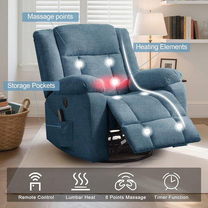 Rocker Recliner, Glider Recliner Chairs for Adults, 360° Swivel Rocking Chair with Massage and Heating, Nursery Chair with Storage and USB Charging for Living Room, Bedroom, Nursery