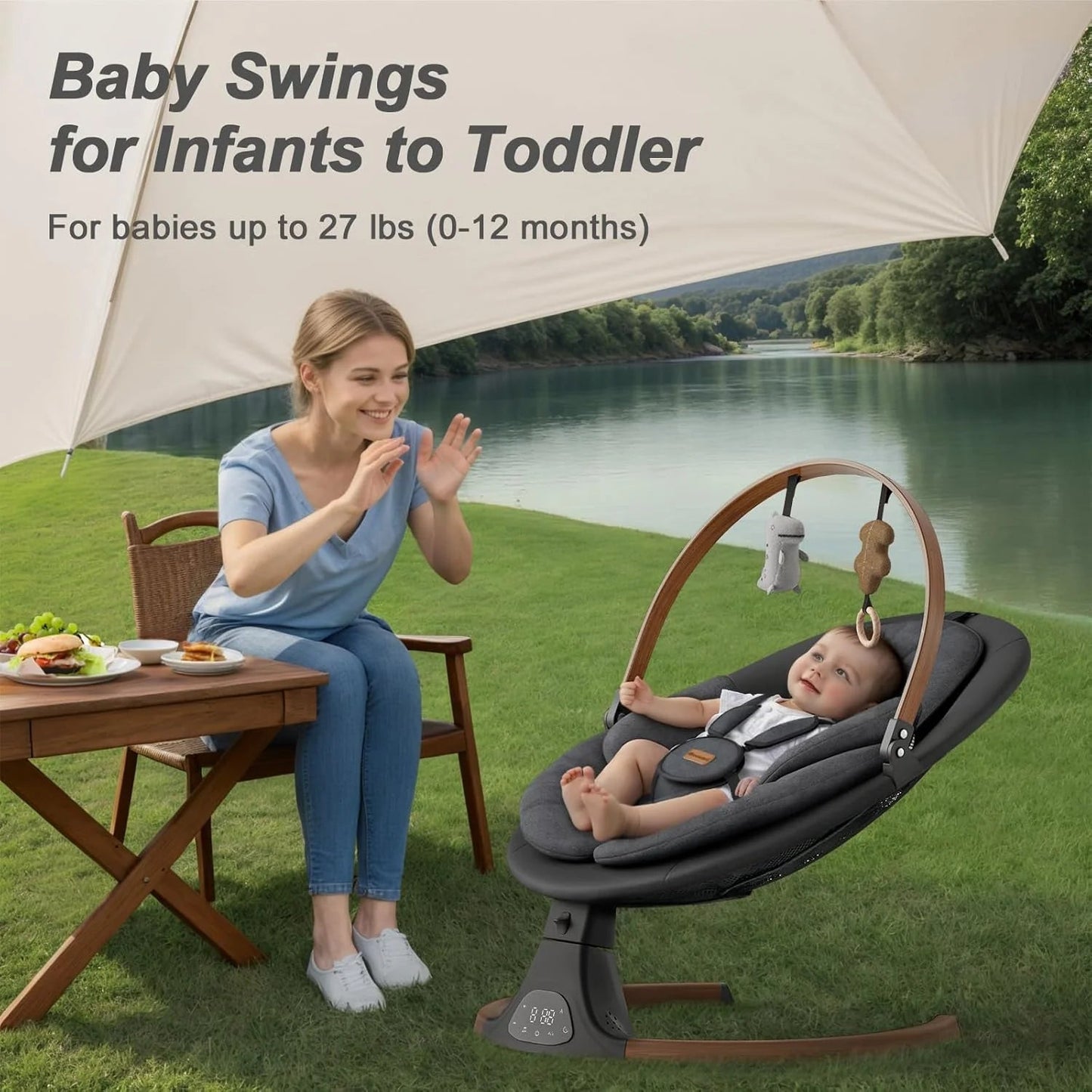 Baby Swings for Infants, Monamii Baby Swing, Bluetooth Infant Swing with Music Speaker, 5 Speeds and Remote Control, Indoor & Outdoor Use