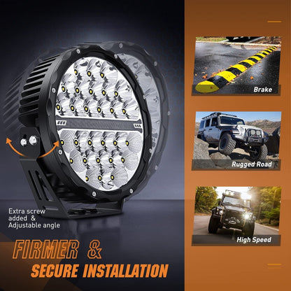 9-inch round off-road LED drive light, 2PCS 140W 15560LM IP68 multi-point floodlight combination work light, 12AWG DT connector harness kit for 4x4 Jeep Truck ATV UTV SUV, 5-year warranty