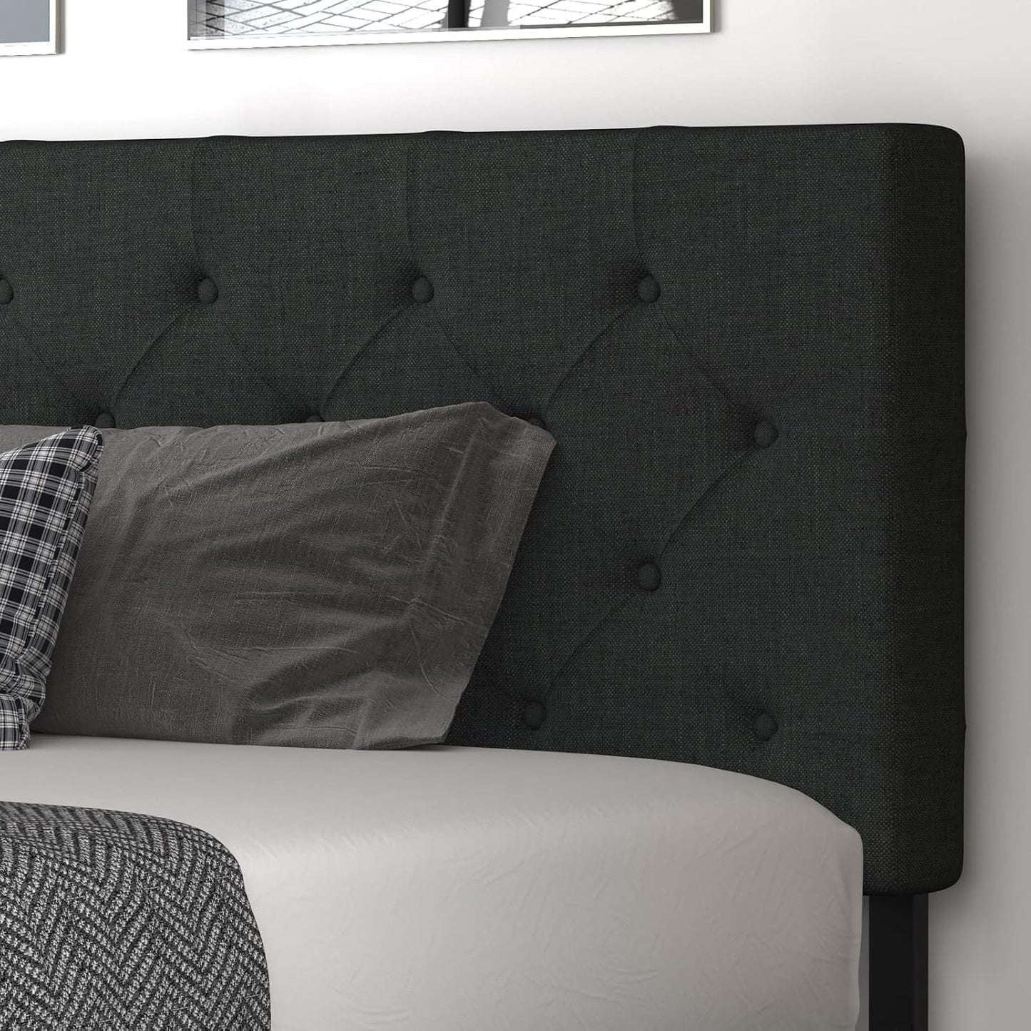 Allewie Upholstered Queen Size Platform Bed Frame with 4 Storage Drawers and Headboard, Square Stitched Button Tufted, Mattress Foundation with Wooden Slats Support, No Box Spring Needed, Light Grey