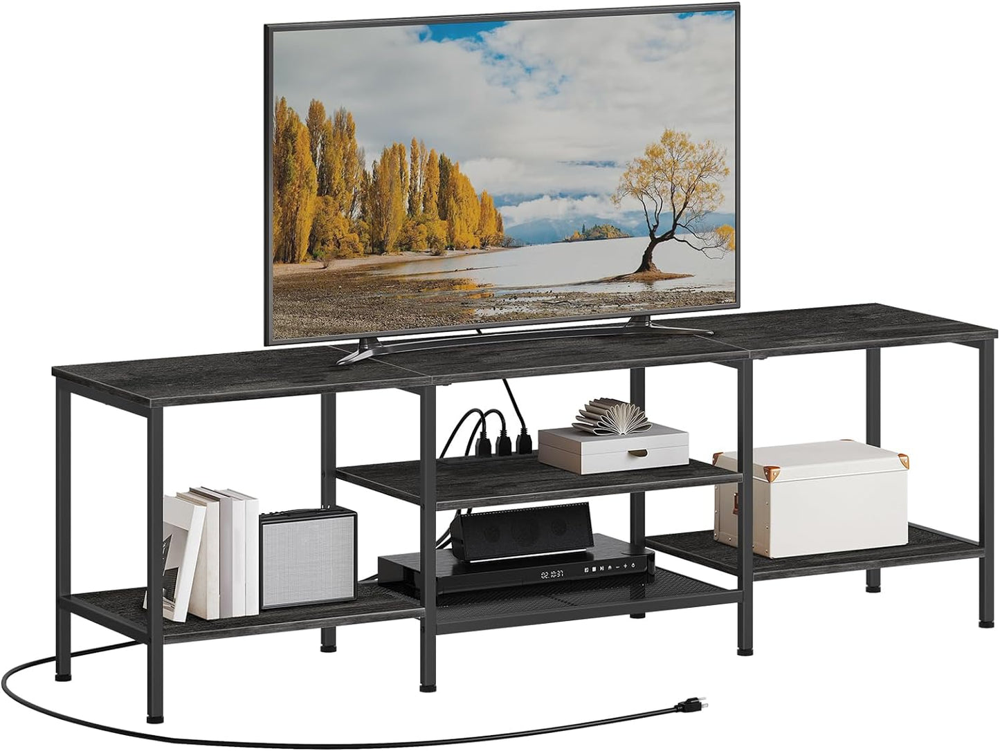 TV Stand with Power Outlets to 75 Inches, TV Console Table with Open Storage Shelves Cabinet, Industrial Media Entertainment Center for Living Room Bedroom, Rustic Brown and Black BF60DS01