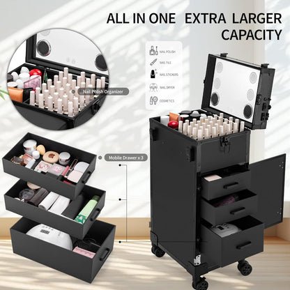 Rolling Manicure Table with Drawers, Bluetooth Speaker, LED Mirror, TSA Lock