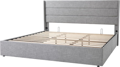 Allewie Queen Size Lift Up Storage Bed, Modern Wingback Headboard, Hydraulic Support, No Box Spring Needed, Light Beige