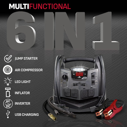 SJ1332 6-in-1 Portable Power Station and Jump Starter with 150-PSI Air Compressor and 200 Continuous/400 Peak Watt Power Inverter, 1200 Peak Amps, 12 Volts, Black, 1 unit