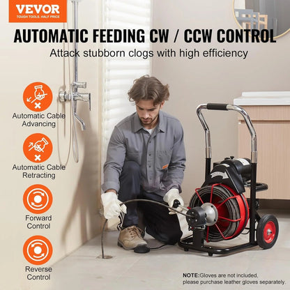 VEVOR Drain Cleaner Machine 100FT x 1/2 Inch, Auto Feed Sewer Snake Auger on Wheels, 550W Portable Drain Cleaning Machine with 8 Cutters & Air-activated Foot Switch for 2" to 4" Pipes