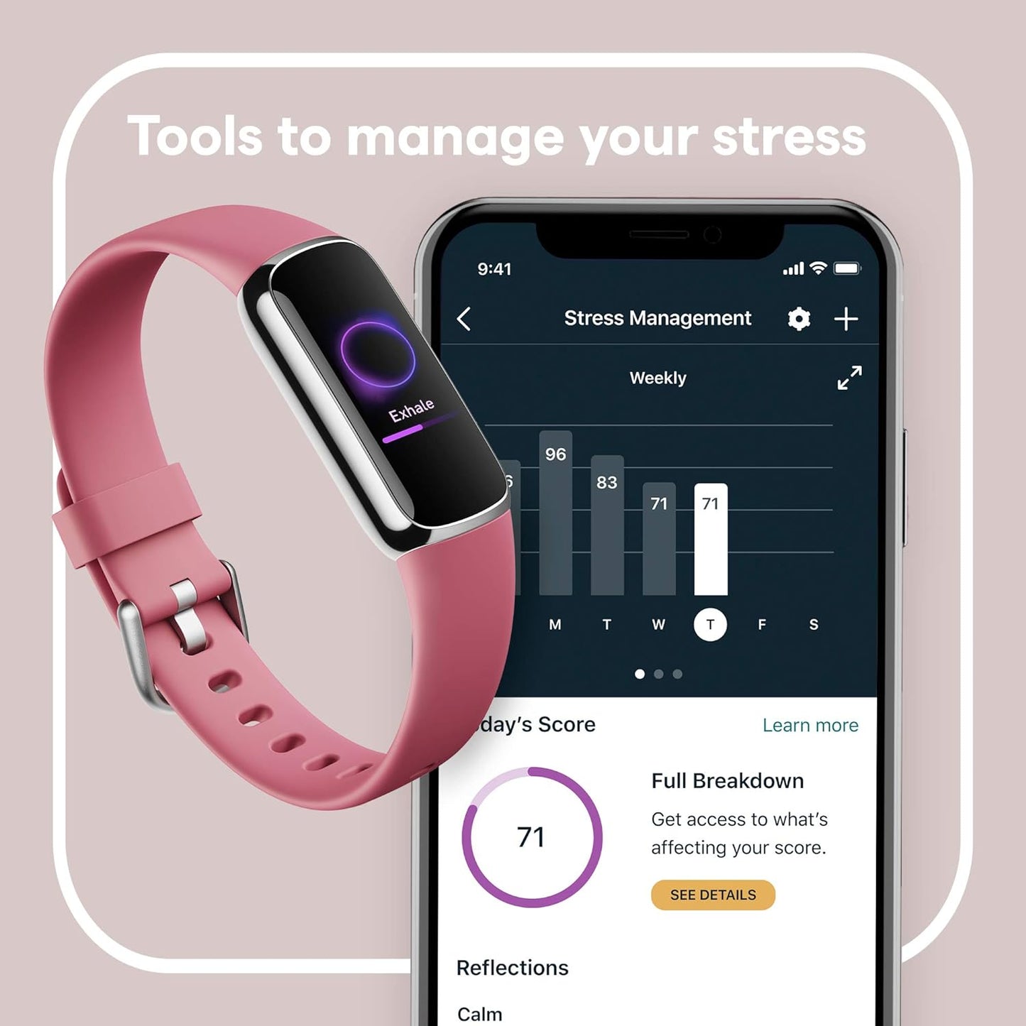 Fitness and Wellness-Tracker with Stress Management, Sleep-Tracking and 24/7 Heart Rate, One Size S L Bands Included, Lunar White/Soft Gold Stainless Steel, 1 Count