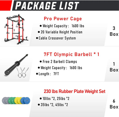 Sportsroyals Power Cage,1600lbs Multi-Function Power Rack with Adjustable Cable Crossover System and More Training Attachment, Weight Cage for Home Gym