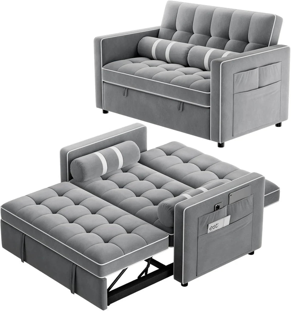 Pipishell 3 in 1 Convertible Sleeper Sofa Bed,Pull Out Couch for Living Room with USB Ports & Side Pockets,Adjustable Backrest,Velvet,Loveseat Sofa Bed,Futon Couches,Black