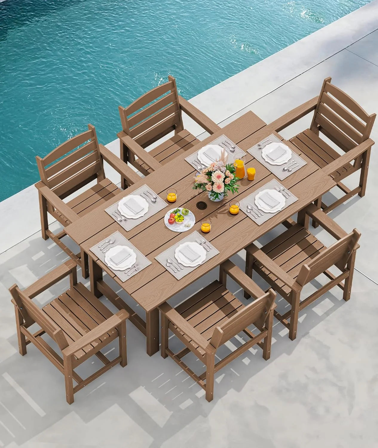 SERWALL 7-Piece Patio Table Set, Outdoor HDPE Dining Furniture with Umbrella Hole, All Weather Table and Chairs for Lawn, Garden, Poolside, Aruba