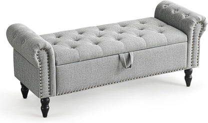Furniliving Modern Storage Ottoman Bench, Sherpa Ottoman End of Bed Bench with Solid Wood Legs Upholstered Ottoman Benches with Storage Indoor Bench for Living Room with Rolled Arm, Entryway, White
