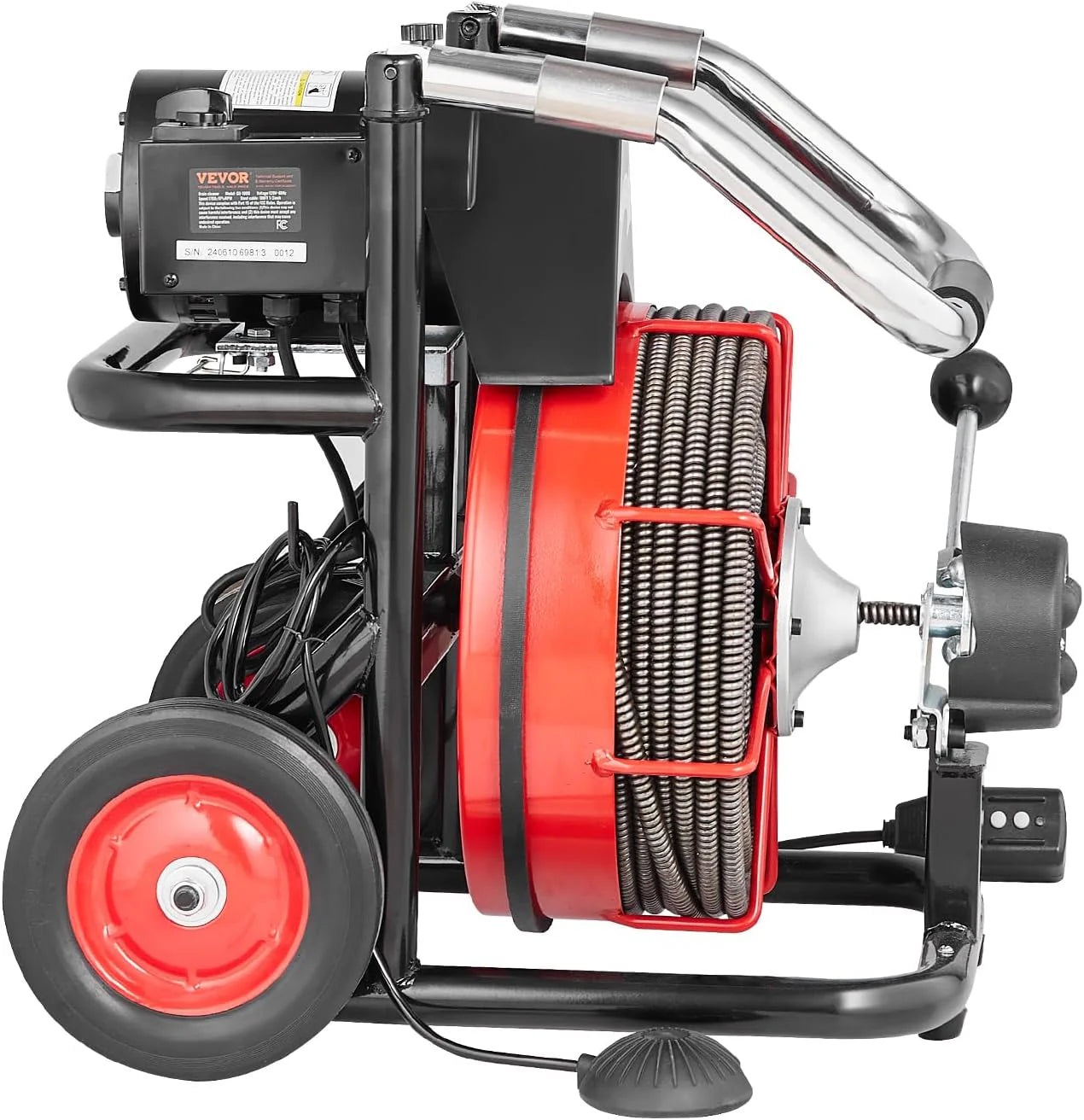 VEVOR Drain Cleaner Machine 100FT x 1/2 Inch, Auto Feed Sewer Snake Auger on Wheels, 550W Portable Drain Cleaning Machine with 8 Cutters & Air-activated Foot Switch for 2" to 4" Pipes