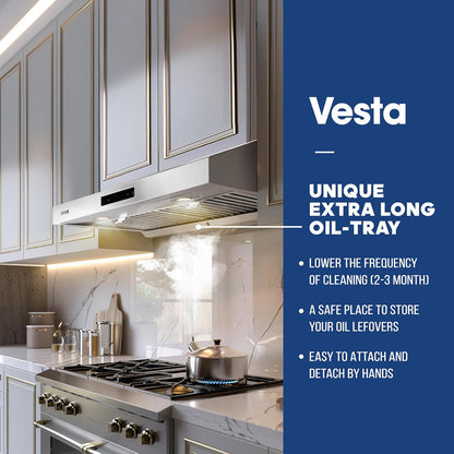Powerful 30 Inch Under Cabinet Range Hood With Seamless Stainless Steel Body, Twin Turbo Motors, 3 Speed Touch Screen, Round Vent, Baffle Filters, LED Lights, Oil Collector