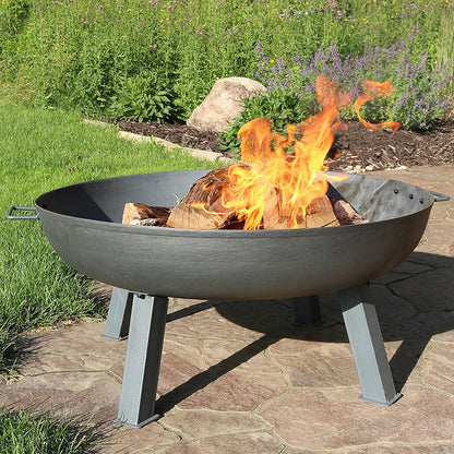 34-Inch Rustic Cast Iron Outdoor Raised Fire Pit Bowl with Handles - Oxidized Finish