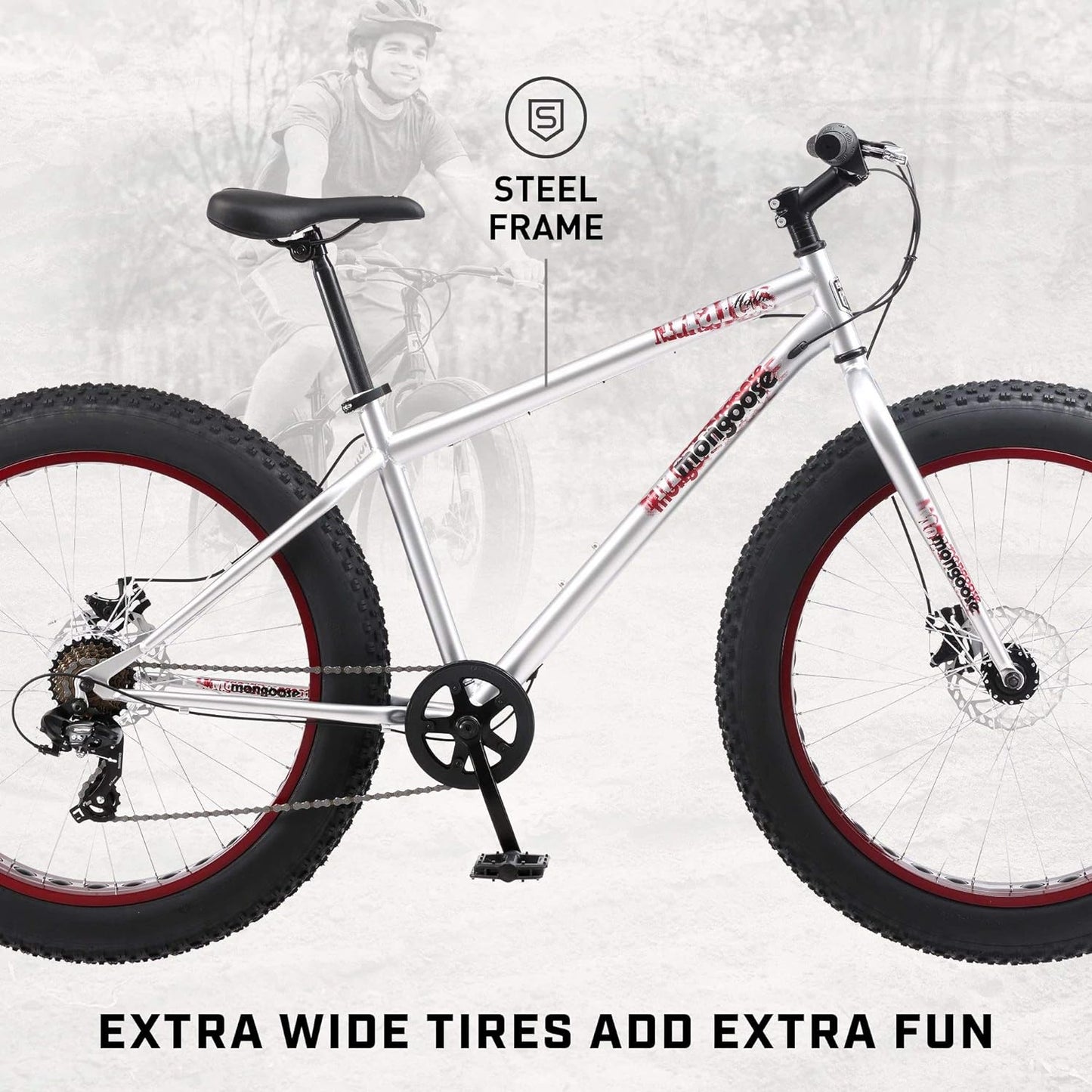 Mongoose Malus Mens and Women Fat Tire Mountain Bike, 26-Inch Bicycle Wheels, 4-Inch Wide Knobby Tires, Steel Frame, 7 Speed Drivetrain, Shimano Rear Derailleur, Disc Brakes