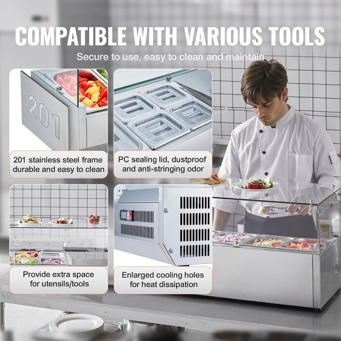 Refrigerated Condiment Prep Station, 135 W Countertop Refrigerated Condiment Station, with 2 1/3 Pans & 4 1/6 Pans, 304 Stainless Body and PC Lid, Sandwich Prep Table with Stainless Guard, ETL