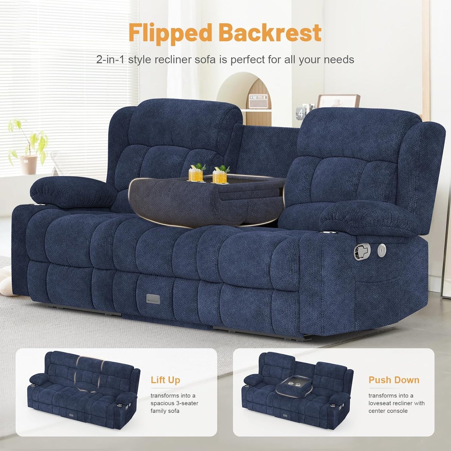 3 Seat Reclining Sofa with Storage Drawer USB Ports & Cup Holders Manual Couch