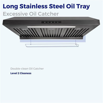 Powerful 30 Inch Under Cabinet Range Hood With Seamless Stainless Steel Body, Twin Turbo Motors, 3 Speed Touch Screen, Round Vent, Baffle Filters, LED Lights, Oil Collector