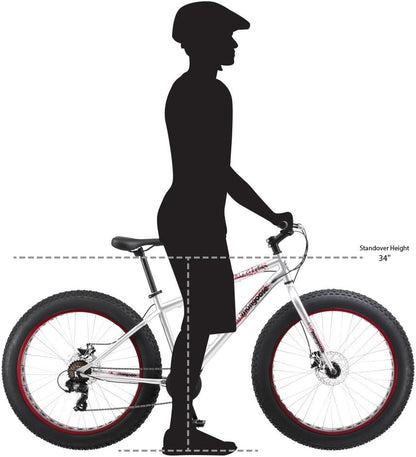 Mongoose Malus Mens and Women Fat Tire Mountain Bike, 26-Inch Bicycle Wheels, 4-Inch Wide Knobby Tires, Steel Frame, 7 Speed Drivetrain, Shimano Rear Derailleur, Disc Brakes