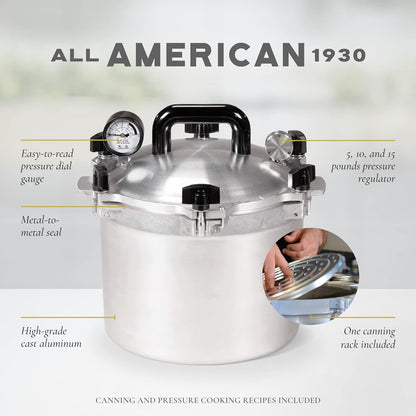 All American 1930: 21.5qt Pressure Cooker/Canner (The 921) – Exclusive Metal to Metal Sealing System – Easy to Open & Close – Suitable for Gas, Electric, or Flat Top Stoves – Made in the USA