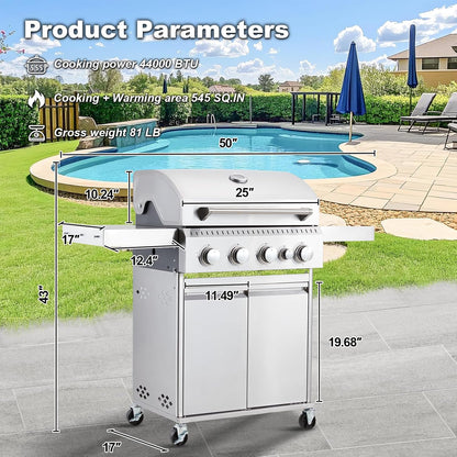 Upgraded 4 Burner BBQ Propane Gas Grill with Cast Iron Grates & Side Stove, 44,000 BTU Stainless Steel Burner Barbecue Grill for Patio, Camping, Outdoor Cooking MELLCOM