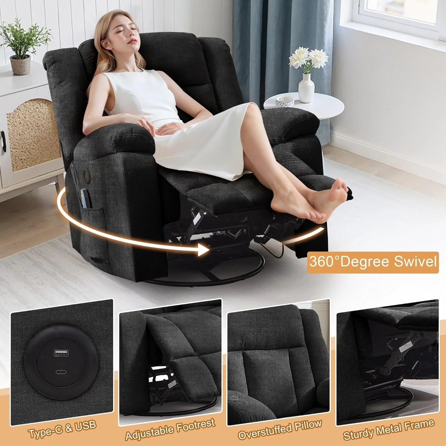 Rocker Recliner Glider Recliner Chairs for Adults 360° Swivel Rocking Chair