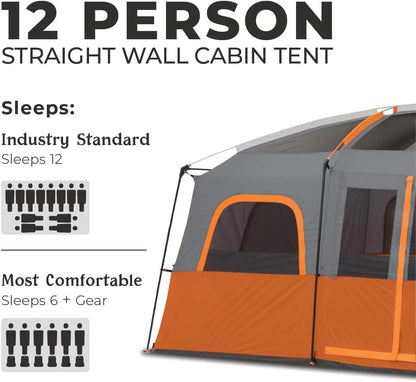 CORE Straight Wall Cabin Tents | 10 Person / 11 Person / 12 Person Large Multi Room Family Tents for Car Camping & Outdoor Adventures