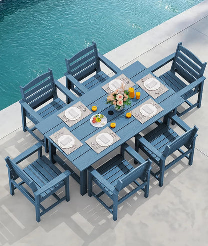 SERWALL 7-Piece Patio Table Set, Outdoor HDPE Dining Furniture with Umbrella Hole, All Weather Table and Chairs for Lawn, Garden, Poolside, Aruba