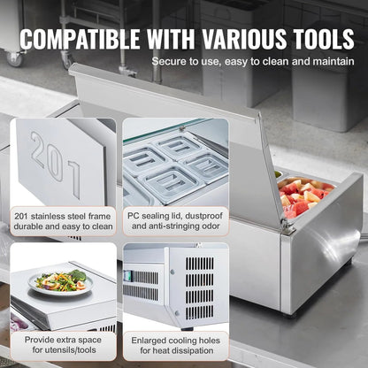 Refrigerated Condiment Prep Station, 135 W Countertop Refrigerated Condiment Station, with 2 1/3 Pans & 4 1/6 Pans, 304 Stainless Body and PC Lid, Sandwich Prep Table with Stainless Guard, ETL