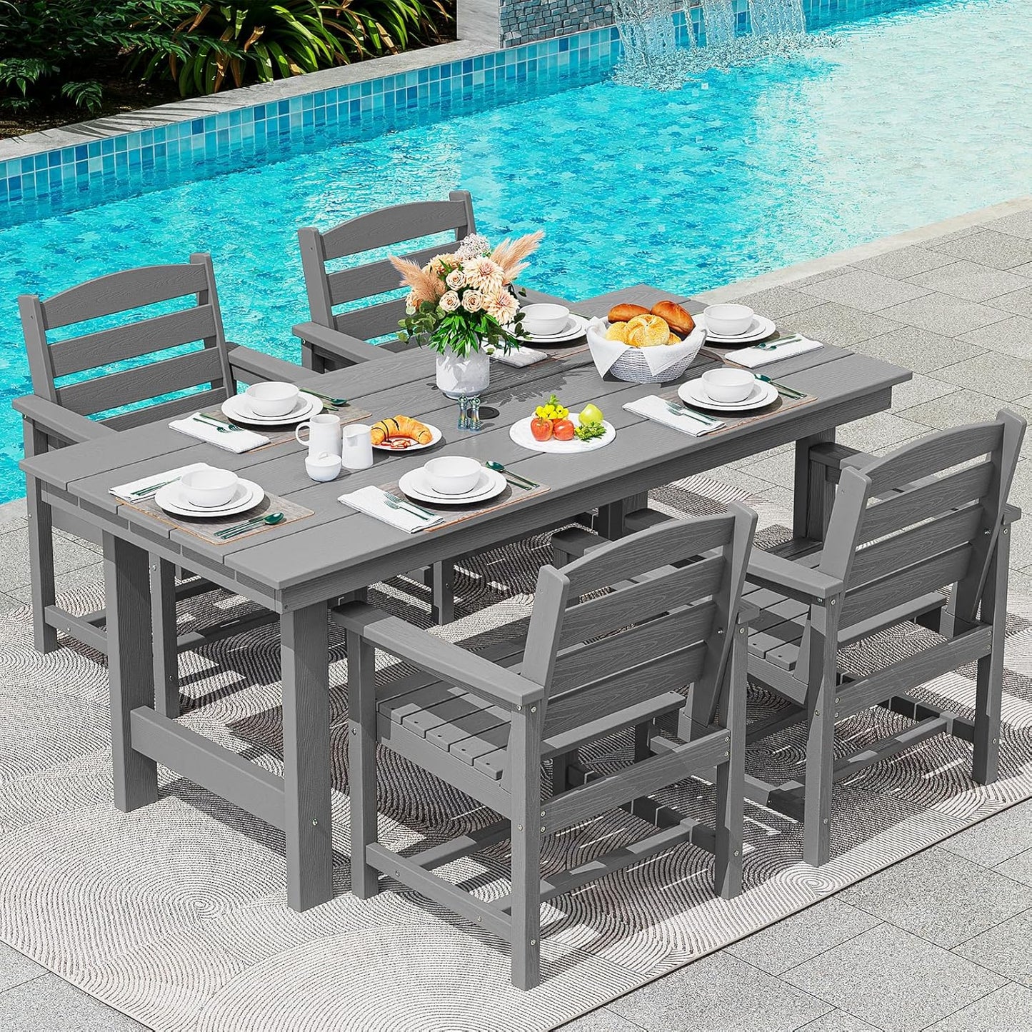 SERWALL 7-Piece Patio Table Set, Outdoor HDPE Dining Furniture with Umbrella Hole, All Weather Table and Chairs for Lawn, Garden, Poolside, Aruba