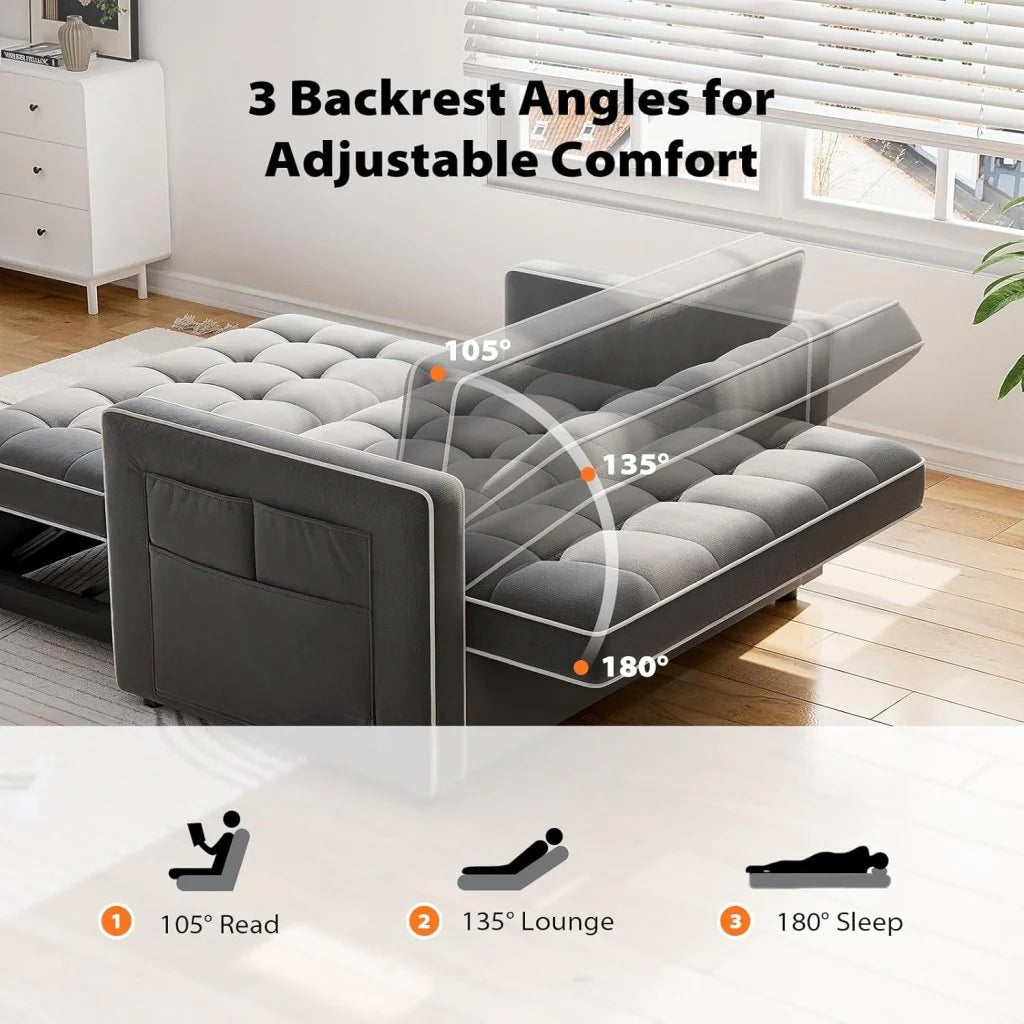 Pipishell 3 in 1 Convertible Sleeper Sofa Bed,Pull Out Couch for Living Room with USB Ports & Side Pockets,Adjustable Backrest,Velvet,Loveseat Sofa Bed,Futon Couches,Black