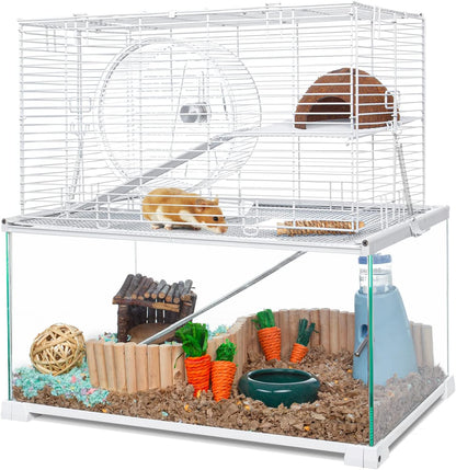 3 Tiers Large Hamster Cages, Glass Hamster Cage Habitat with Openable Wire Topper, Gerbil Cage with Two Ladders Ramps and Removeable Waterproof PVC Tray, Easy to Clean